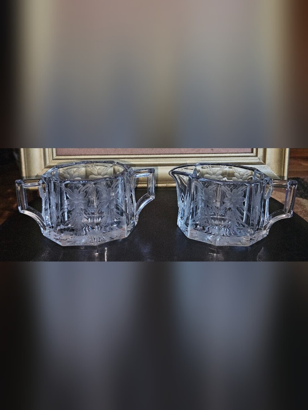 Vintage Heisey Sugar Dish & Creamer with Etched Floral Design, Double Handles